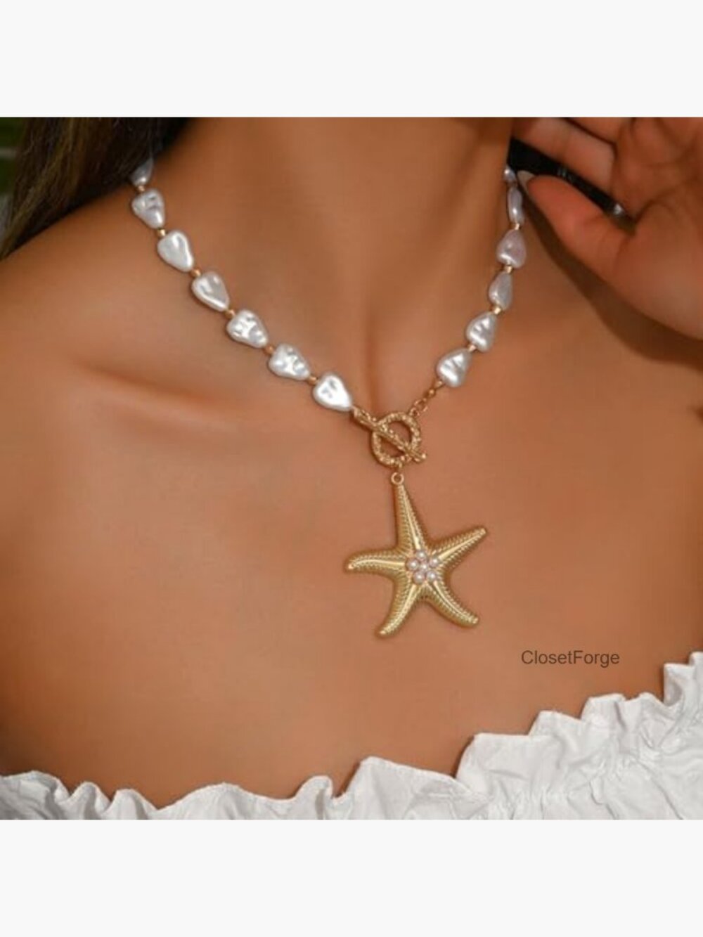 Chunky Gold Starfish Necklace with Baroque Pearl Pendant Layered Choker Beach - Picture 2 of 6